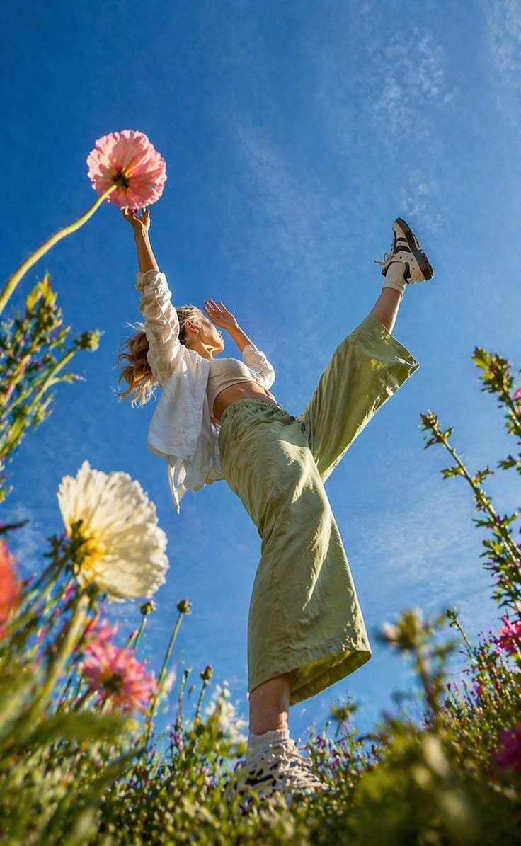 Persona saltando entre flores contra el cielo